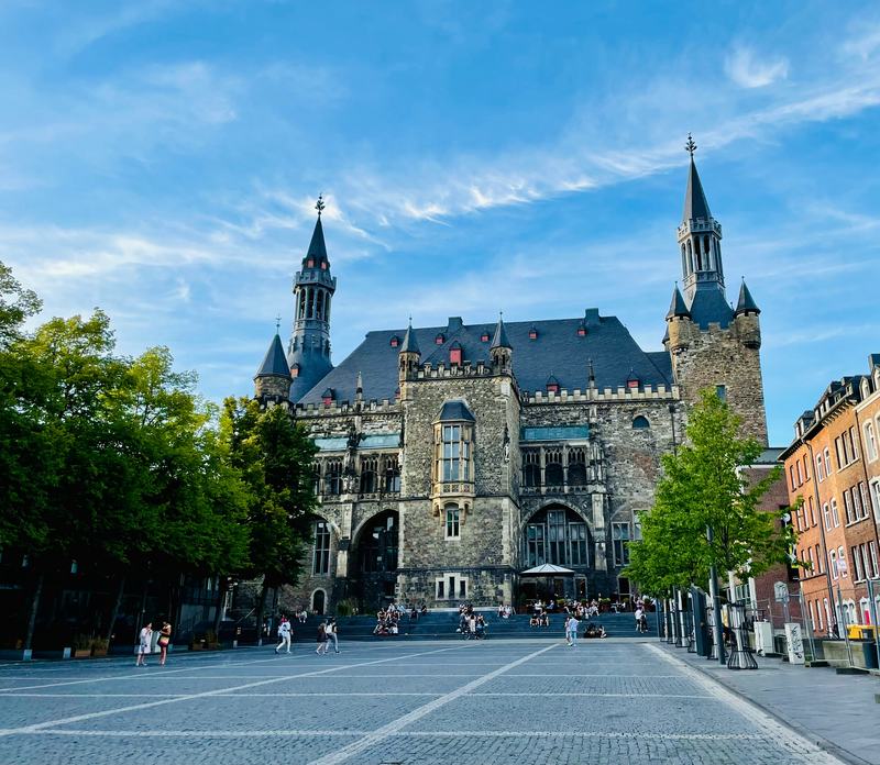 Aachen town hall with two towers and the square in front of it